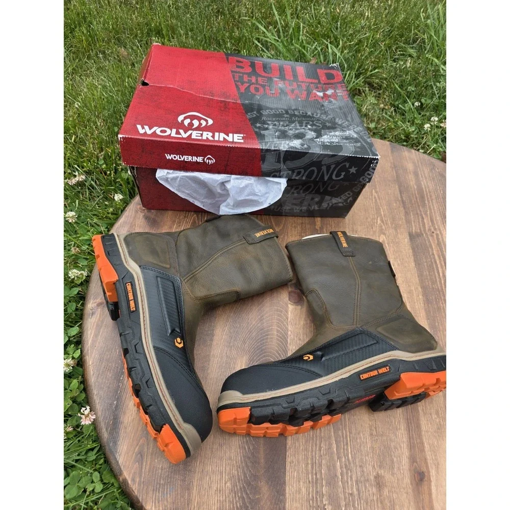 13EW Extra Wide-Wolverine Overpass CM Work Boots W10708 Brown Safety Toe Pull-on